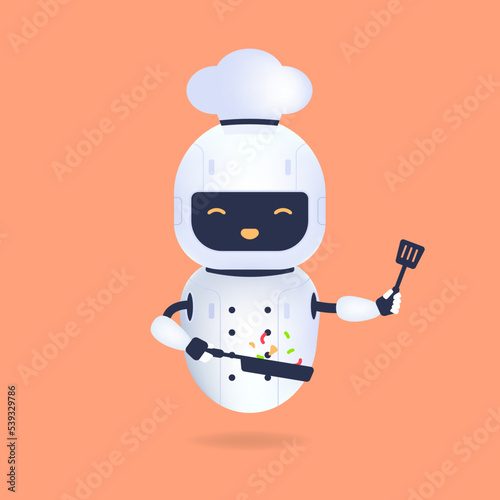 White friendly chef robot with pan and turner. Cooking Robot Artificial Intelligence concept.