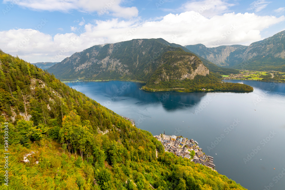 View of the lake and village of Hallstatt, Austria, from the Welterbelick sky walk above the Alpine old town.	