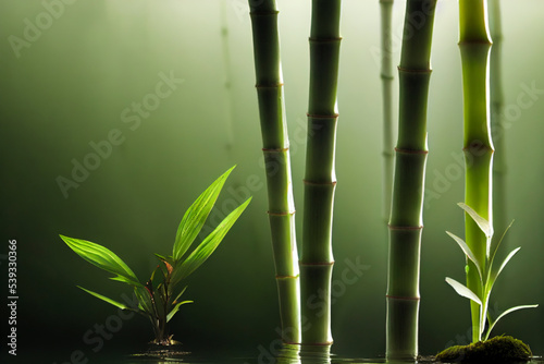 Illustration of green trunks of tropical plant bamboo  background closeup. Nature of asian countries concept