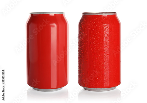 Aluminum drink cans, one with water drops on white background