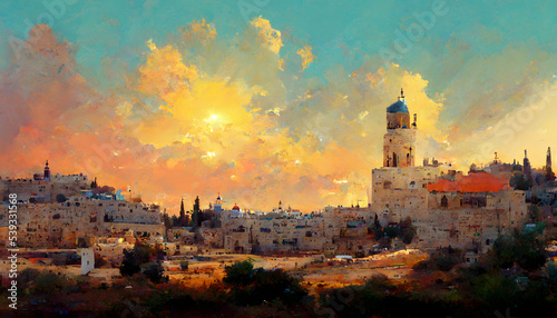 fantasy morning Izrael landscape, neural network generated art. Digitally generated image. Not based on any actual scene or pattern.