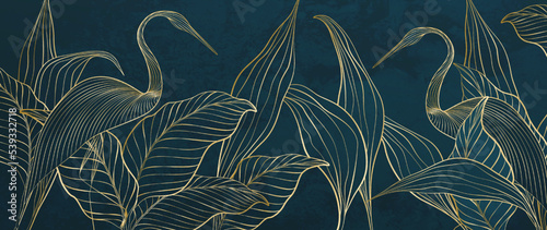 Luxury tropical art background with exotic leaves and birds in golden line style. Hand drawn vector banner for decoration design, print, wallpaper, interior design, textile, packaging.