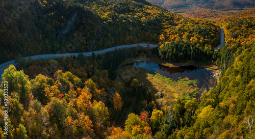 Aerial view of Appalachian Gap road or Route 17 between Vergennes to Waitsfield in Vermont during the fall