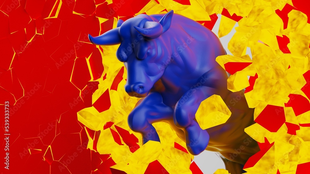Naklejka premium One charging blue bull destroys the red-orange illuminated wall in dramatic contrasting light representing financial market trends under black-white background. Concept 3D CG of stock market.