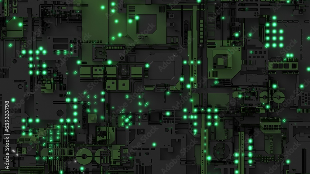 Black-dark green futuristic circuit technology with green LED point light. Concept 3D CG of hi-tech digital data connection system, computer electronic design and Sci-Fi Landscape. Black-dark green futuristic circuit technology with green LED point light. Concept 3D CG of hi-tech digital data connection system, computer electronic design and Sci-Fi Landscape.