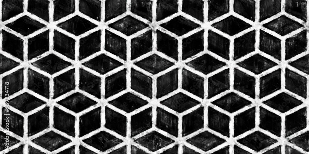 Seamless painted isometric cube black and white artistic acrylic paint texture background. Tileable creative grunge monochrome hand drawn geometric diamond line motif surface pattern wallpaper design. Seamless painted isometric cube black and white artistic acrylic paint texture background. Tileable creative grunge monochrome hand drawn geometric diamond line motif surface pattern wallpaper design.