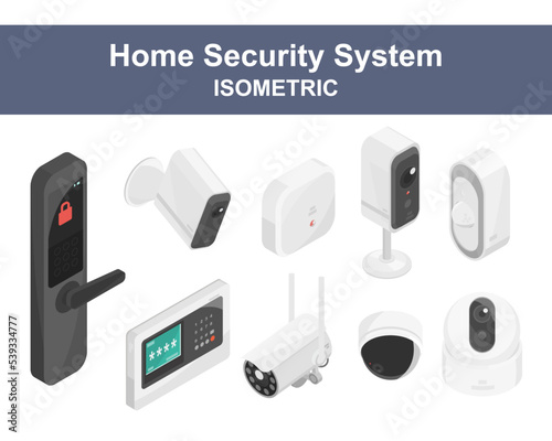 security system for smart home equipment component cctv camera wireless connecting isometric vector