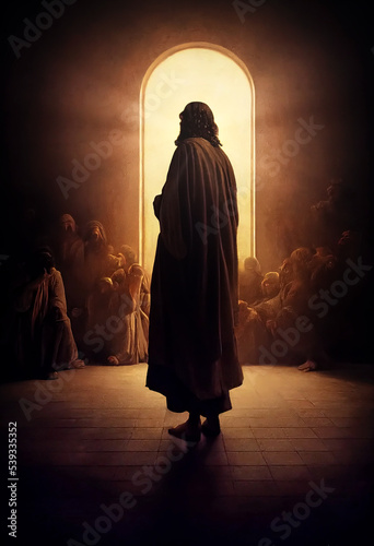 Prophet standing inside big room facing people siting around, in front of bright window, illustration