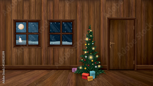 Vector log cabin's room decorated christmas tree for new year and Christmas have moon and snowfall at night when looked through windows.
