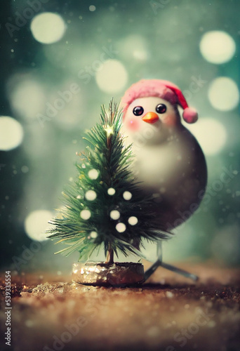 A robin and a tiny christmas tree  Christmas ornaments  decorations  minature  bokeh  close-up  photorealistic