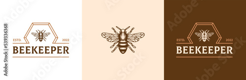Beekeeper vintage logo design set, retro wasp farm symbol, retro bee keeping emblem concept, engraved insect editable commercial logotype, classic agriculture branding, isolated on background