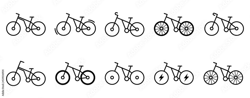 Conjunto de icono de bicicleta. Vehículo de transporte y entrenamiento. Deporte. Ilustración vectorial