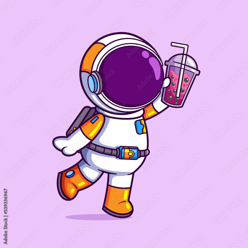 The happy astronaut is drinking a boba and show it to other people The happy astronaut is drinking a boba and show it to other people
