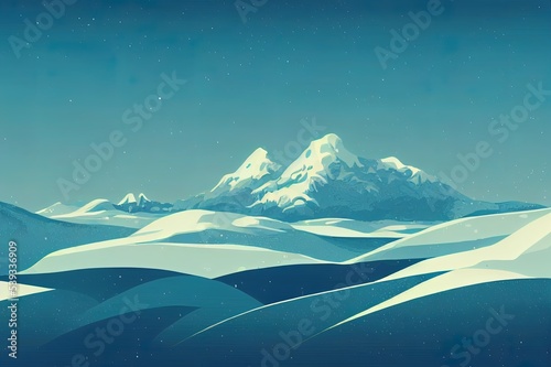 2d illustrated illustration. Flat landscape. Snowy background. Snowdrifts. Snowfall. Clear blue sky. Blizzard. Cartoon wallpaper. Cold weather. Winter season. Forest trees and mountains. Design for