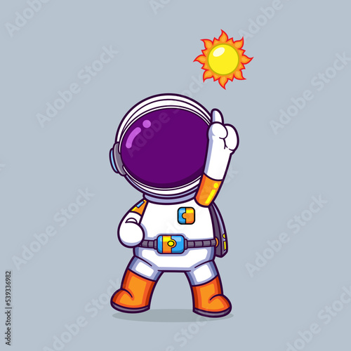 The astronaut is standing while pointing up to the little sun in the sky