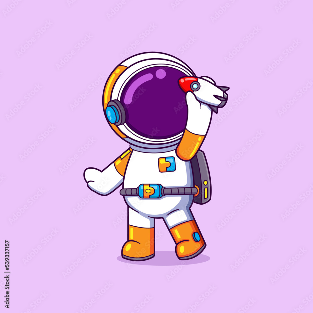 Obraz premium The astronaut is playing a small rocket toy flying and he is very happy
