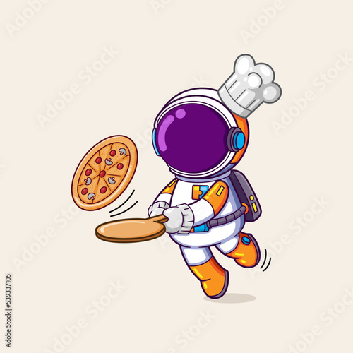 The chef astronaut is stumbled and going to fall while holding a pizza on hand