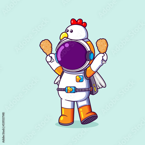 The astronaut is being a chicken with a cute costume and holding fried chickens © HERMANTO