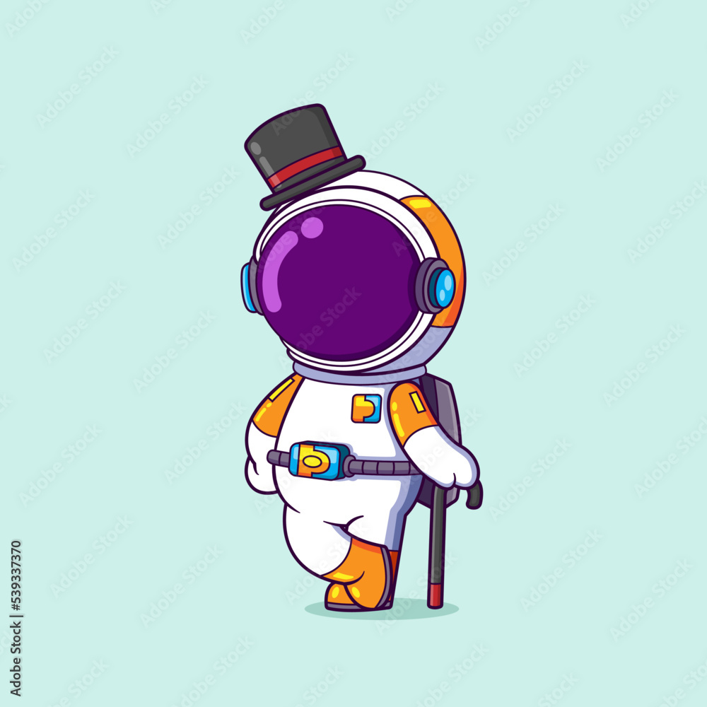 The astronaut is standing while holding a stick with a chaplin style
