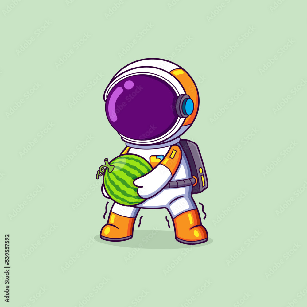The astronaut is holding and moving the big heavy watermelon The astronaut is holding and moving the big heavy watermelon
