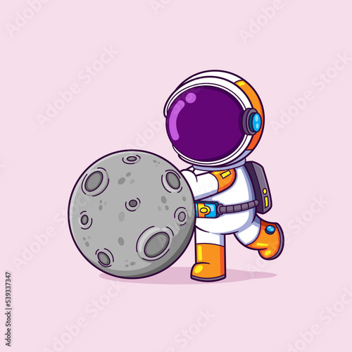 The astronaut is pushing the space rock on a planet in the galaxy
