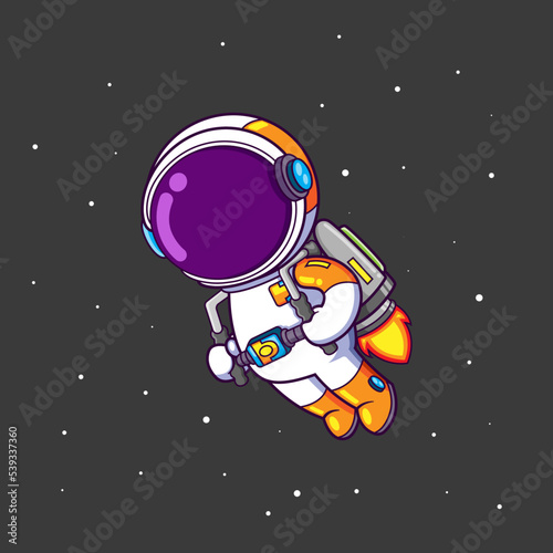 The astronaut flying in the sky galaxy with the jet pack and suitable costume