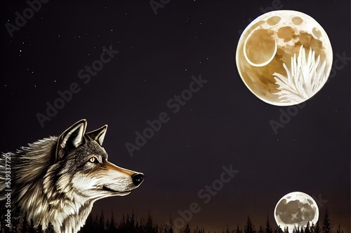 close up of a running wolf from the front at night and full moon, power of a beautiful hunter with attentive eyes in the forest, creepy animal concept for halloween photo