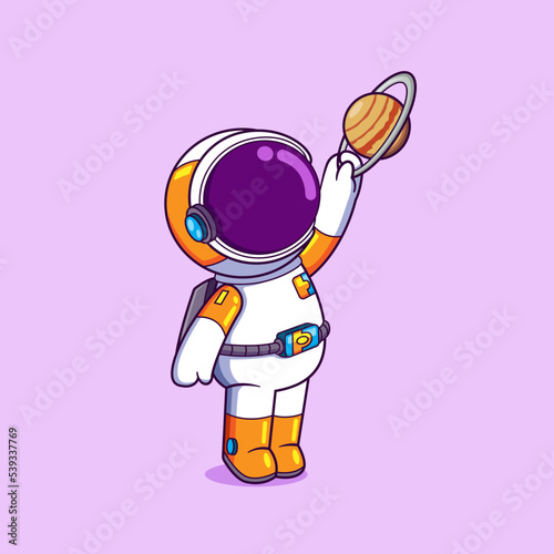 The astronaut is holding saturn planet in the space