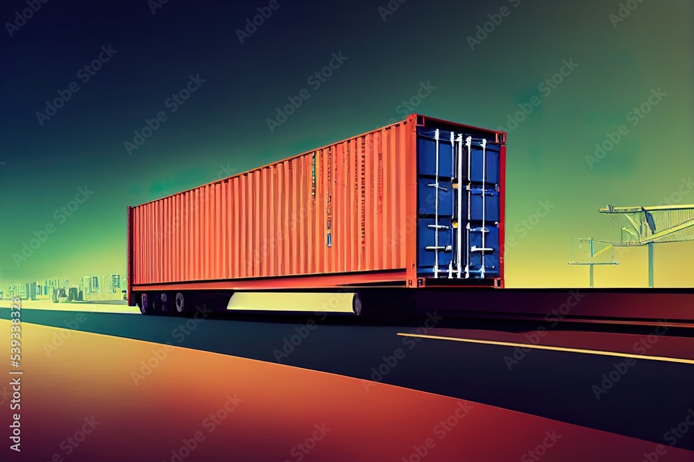 Obraz premium Truck with container on highway, cargo transportation concept. Shaving effect.
