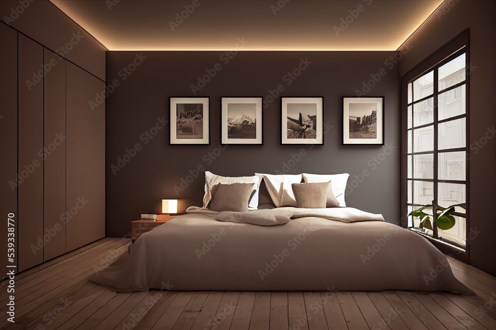 Loft Style Bedroom Interior Design with Mock up Picture Frame. 3D Rendering