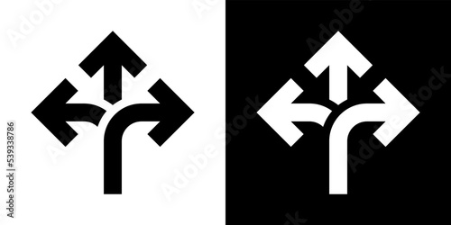 Three-way direction arrow icon vector in clipart concept. Crossroads sign symbol