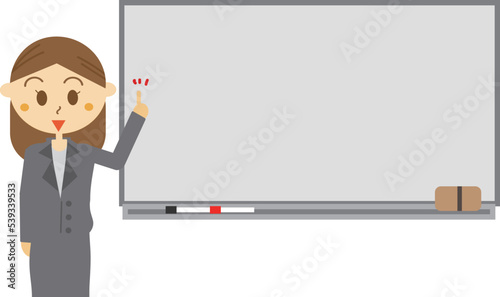 ホワイトボードを使って説明・案内などをする女性のイラスト・スーツ・教師・講師・会社員・社会人プレゼン