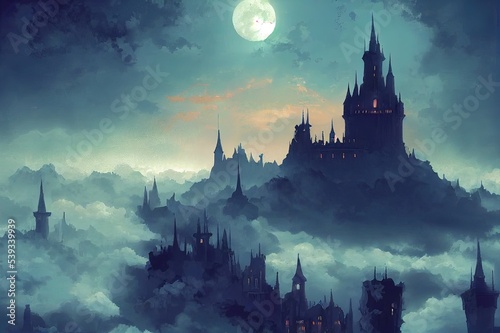Obraz na plátně Digital painting of a fantasy castle in the clouds in a low key color scheme and gothic architecture - fantasy illustration