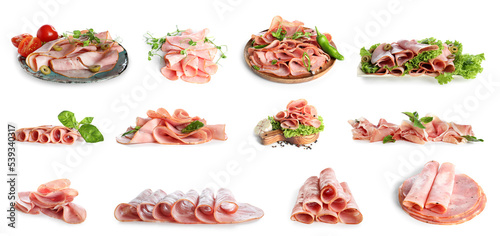 Set of of tasty ham isolated on white