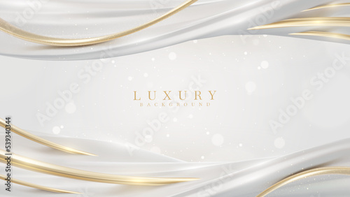 White background with golden curve line element and fluid with light effects decorations and bokeh. Realistic luxury modern design concept. Vector illustration.