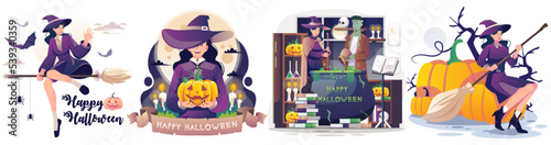 Set of Witch woman in Halloween dress concept illustration