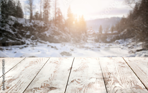 Empty wooden table in mount...