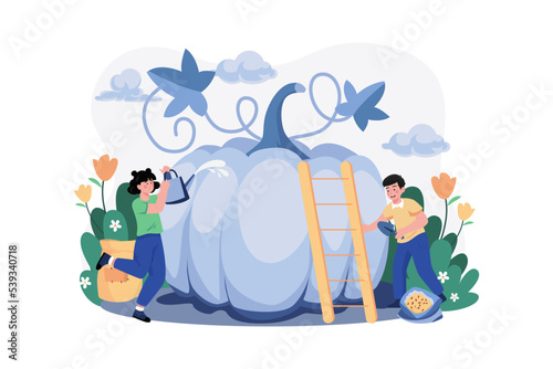 Children take care of pumpkins for Thanksgiving Day
