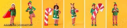 Fotografía Set of cute little elves on yellow background