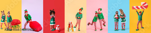 Set of cute little elves on colorful background photo