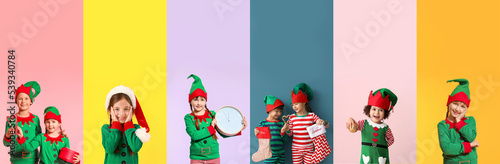 Set of cute little elves on colorful background