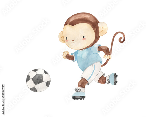 Photography Watercolor monkey playing football illustration for kids