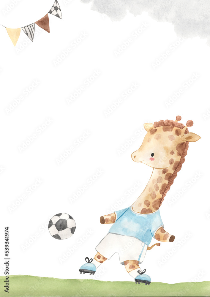 watercolor giraffe. Football template for nursery, baby shower, invitation for birthday party
