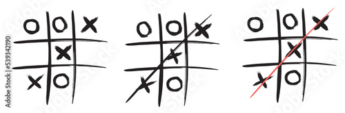 Tic tac toe in hand drawn style with brush and ink. three models of black line tic tac toe. Vector illustration isolated on white background.