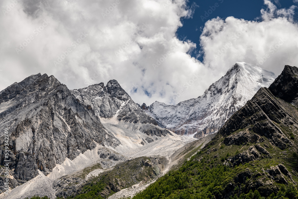 Mountain peaks with snow in Yading national park, Daocheng, China. Horizontal image with copy space for text, panoramic, background