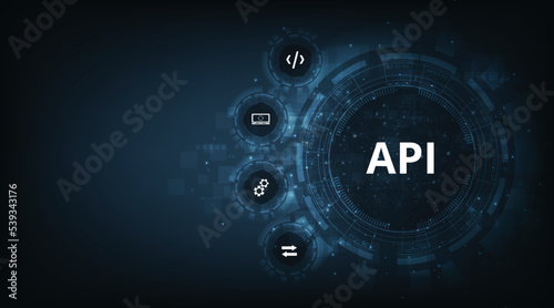 Application Programming Interface (API). Software development tool, information technology, modern technology, internet and networking concept. on dark blue background.