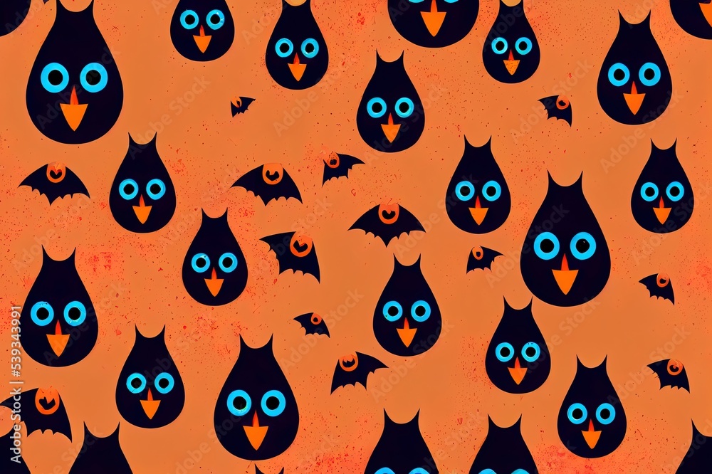 Φωτογραφία Halloween scary 2d illustrated dark background with magic red and blue lights evil eyes, owls and bats silhouettes in mystic fog