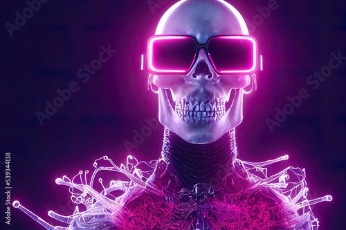 Print op canvas Portrait of scary futuristic necromancer with human skull, metal teeth wears sci-fi virtual reality glasses