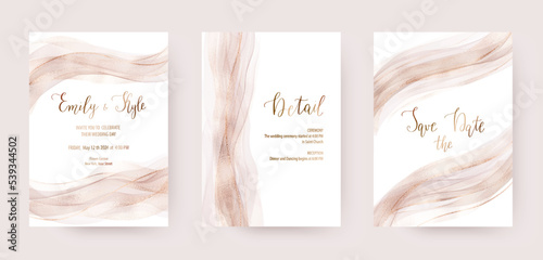 Wedding invitation templates with rose 
gold waves and pink delicate texture. 
