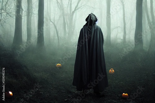 A terrible forest sorcerer with a canvas bag on his head and in a sackcloth robe stands in a dense forest with a black raven on his hand. Scarecrow. Halloween Tales. Horror, thriller.. High quality